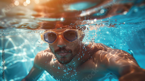 close-up underwater photo of man with goggles in swimming pool