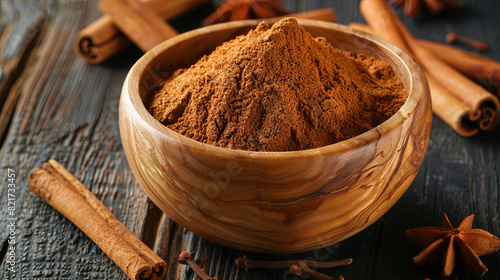 Cinnamon powder in a wooden bowl and cinnamon sticks on a dark background