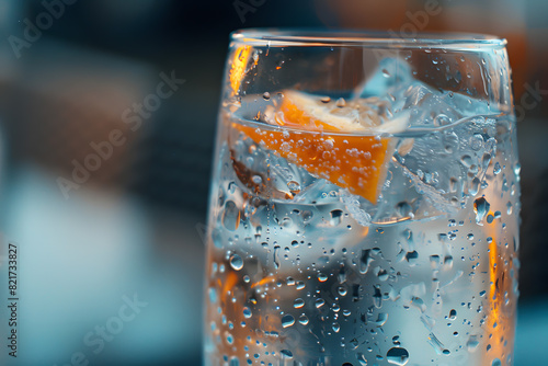 Refreshing sparkling water with citrus slice photo