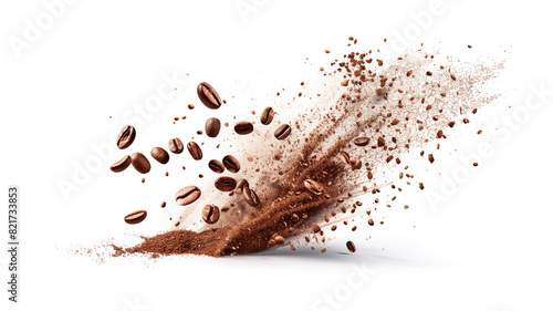 A burst of arabica grain with splashes of brown dust and shredded roasted ground coffee is shown isolated on a white background. Modern realistic illustration of espresso beans bursting on a white photo