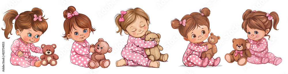 Set of cute baby girl cartoon Sticker, Clipart Bundle, png, generated ai Set of cute baby girl cartoon Sticker, Clipart Bundle, png, generated ai