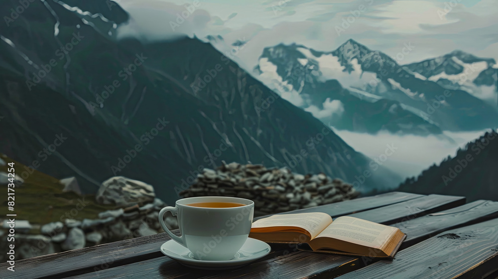 A cup of latte coffee with a book against the backdrop of  mountains