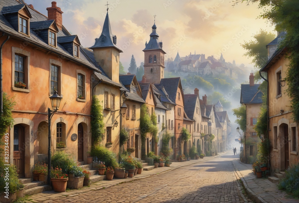 Artwork of a picturesque village scene with traditional architecture Artwork of a picturesque village scene with traditional architecture