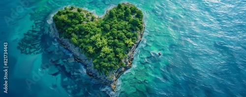 Aerial view of Caribbean Island in the Shape of a Heart. Love Holiday Concept. Generative AI. © Viacheslav