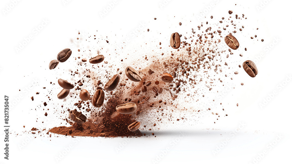 A burst of arabica grain with splashes of brown dust and shredded roasted ground coffee is shown isolated on a white background. Modern realistic illustration of espresso beans bursting on a white