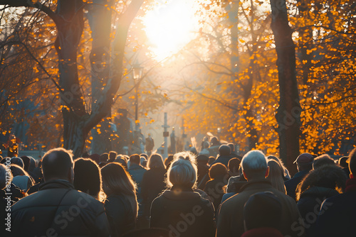A solemn gathering of people at a funeral service in a cemetery during autumn, with sunlight filtering through trees. AI photo