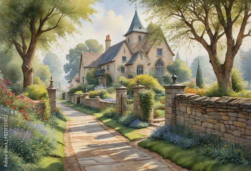 Picture of a serene village scene with a stone cottage and a pathway lined with flowers. photo