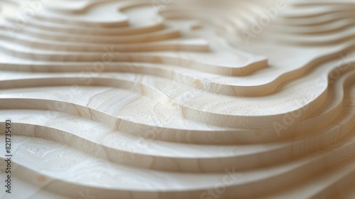 Abstract wooden sculpture with layered wave-like patterns creating a natural and minimalist design inspired by sand dunes. Generative Ai