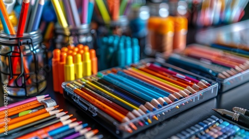 A close-up of a neatly organized desk with pens, pencils, and papers arranged in a sequential order, highlighting the importance of orderliness in workspaces. photo