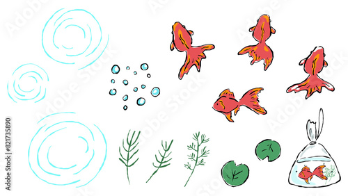 Simple Japanese style hand-drawn illustration set of goldfish and water ripples, brush writing / 金魚と水の波紋、筆書きのシンプルな和風の手描きイラストセット