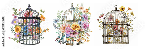 Set of watercolor bird cages filled with flowers. Vintage bird cages with flowers on isolated background. The concept of wedding invitations, designs, etc. Watercolor botany.