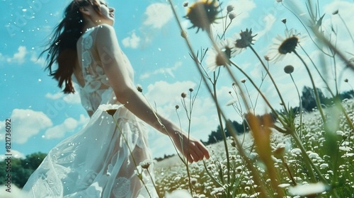  A woman in a white dress walks through a field of wildflowers, with a clear blue sky overhead