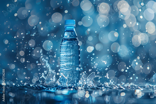 Refreshing water bottle splash on blue background