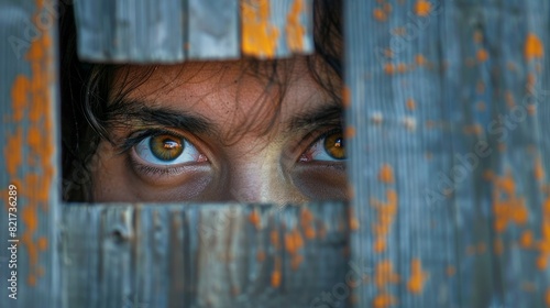 A close-up of a person's eyes peeking through a gap in a fence, teasingly spying on something intriguing, engaging their curiosity and sense of mystery.