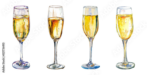 Watercolor glass glasses with champagne. Glasses with sparkling wine on a transparent background. Champagne glasses png. Vector illustration.