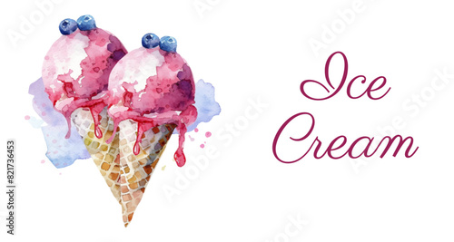 Watercolor berry ice cream in a cone banner. Summer filling with berries, elements for summer designs, banners, etc. Vector illustration.