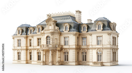 A 3D-rendered German manor with cream stucco walls and a slate roof  featuring classical architectural details  against a white background.