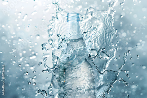 Dynamic splash of water around a clear plastic bottle, captured against a blue backdrop