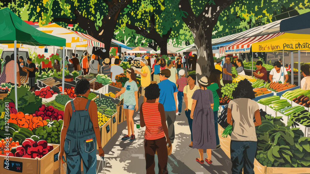 A bustling farmers market scene with a diversity of vendors Generative AI