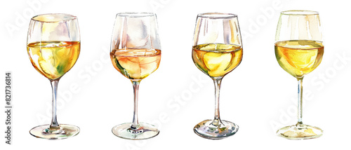 Set of watercolor glass glasses with white dry wine. White wine in a glass. Vector artistic watercolor illustration