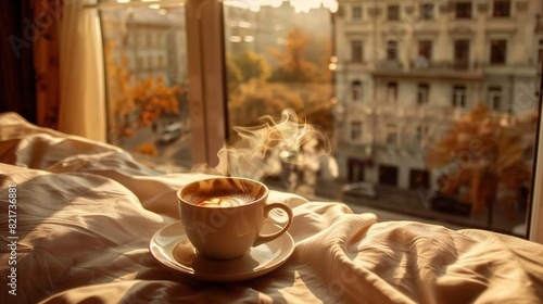   A coffee cup rests atop a saucer  positioned beside a cityscape outside a window