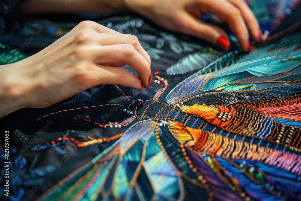 Close-up of hands meticulously embroidering a colorful beetle design on fabric. The intricate details and vibrant colors showcase the skill involved in this craft.