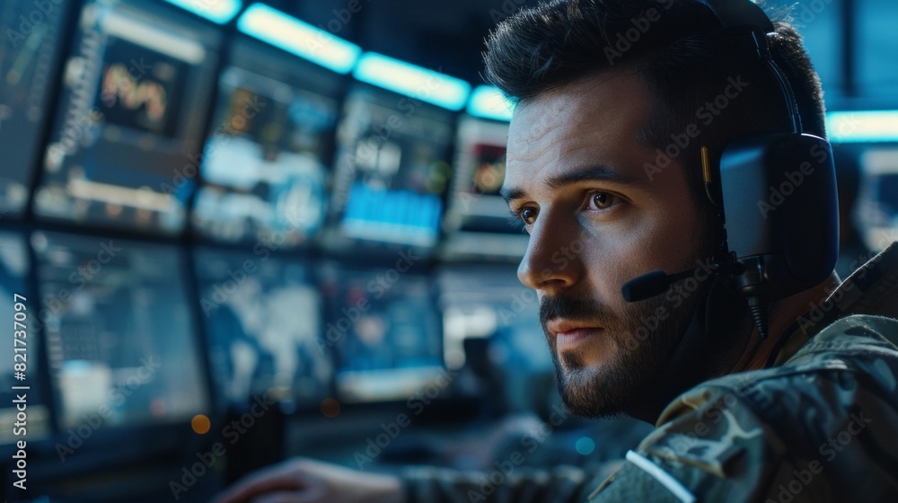 A man in a military uniform is wearing headphones A man in a military uniform is wearing headphones