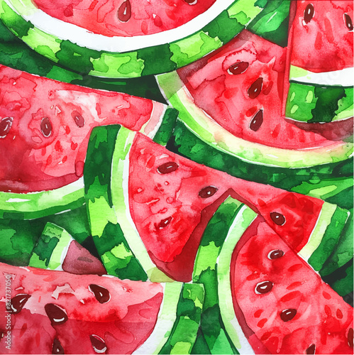 Watercolor watermelon pater. Pieces of red watermelon with green skin. Watermelon pattern. Vector illustration