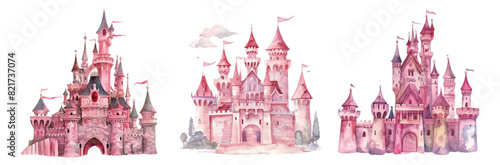 Watercolor set of fairy castle princesses. Magic kingdom. Wonderland. Isolated cartoon illustration on transparent background. Set of houses. Children's theme. Vector.