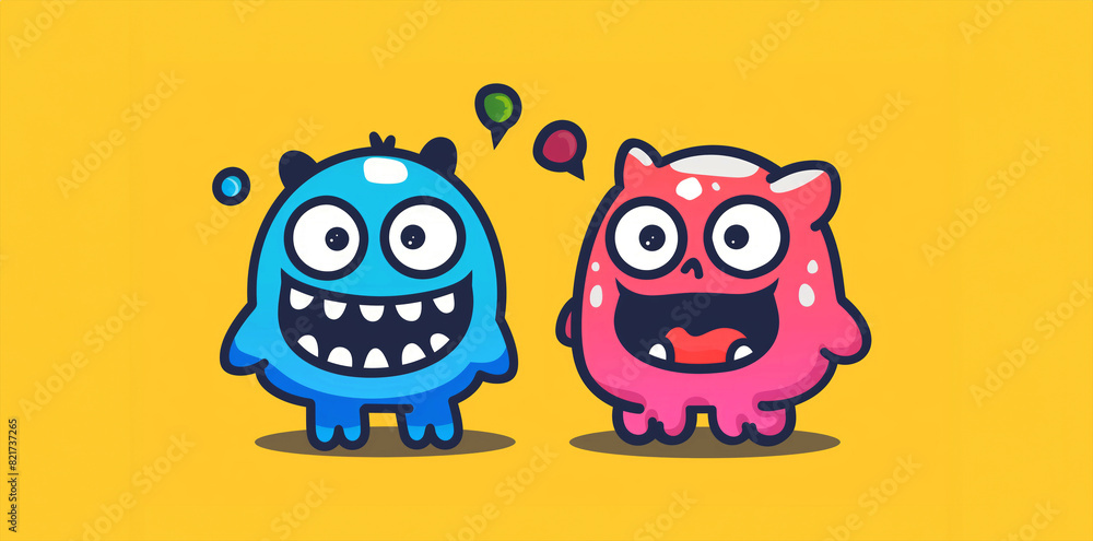 Two cartoon monsters are smiling and talking to each other. The blue monster is smiling and the pink monster is smiling. Playful character motif for your t-shirt project