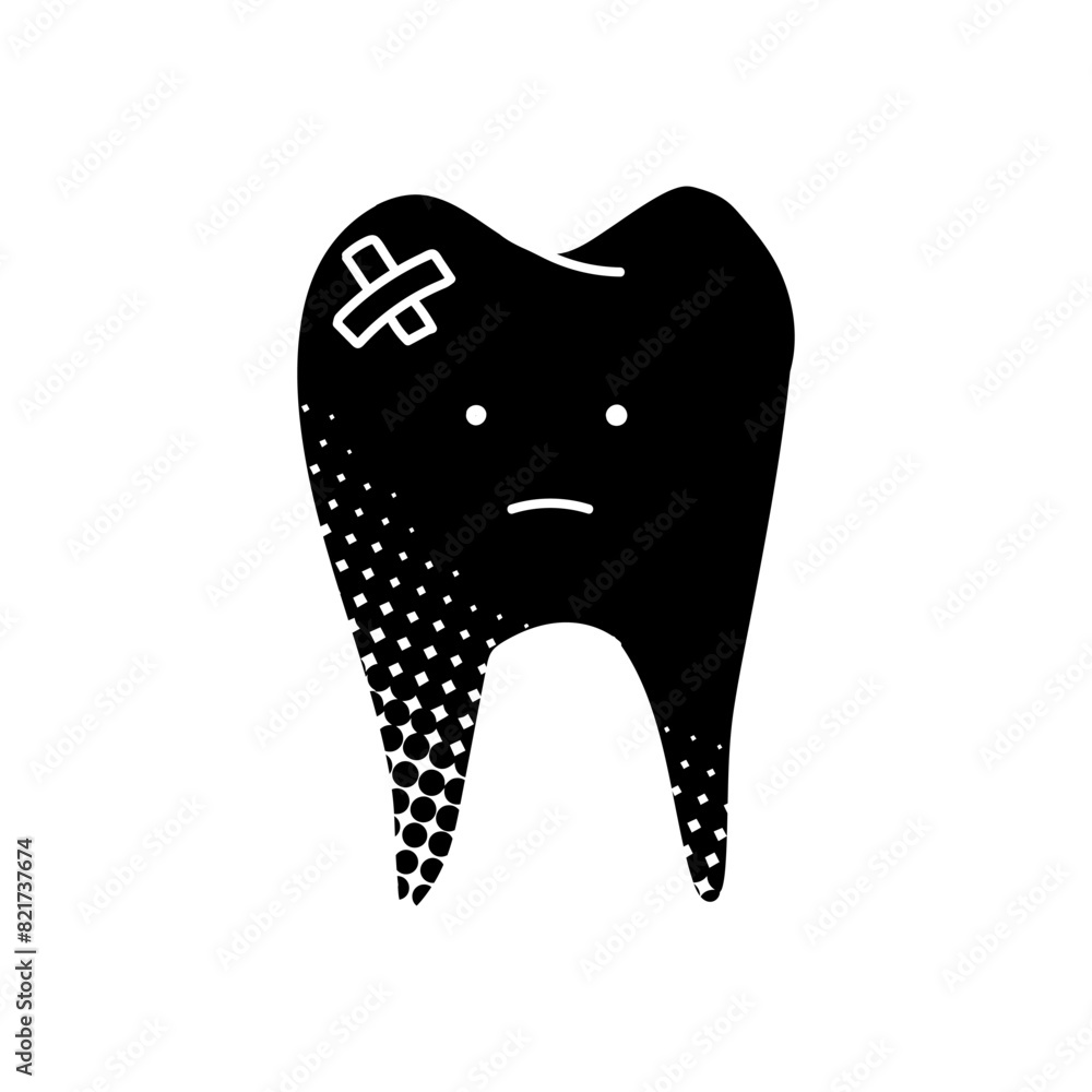 Tooth with bandage black hand drawn icon in halftone texture style Tooth with bandage black hand drawn icon in halftone texture style