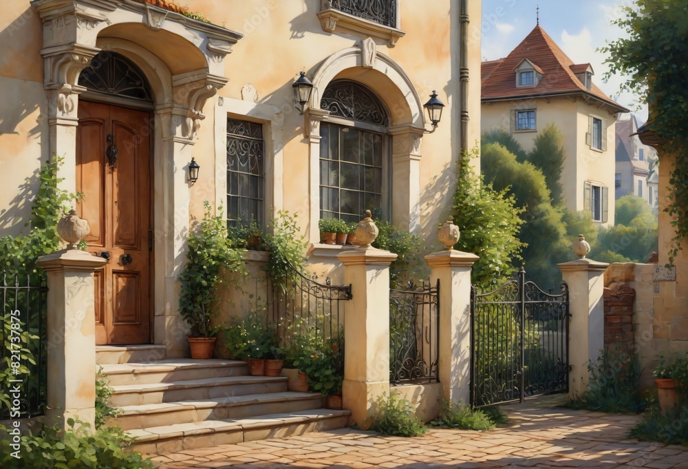 Fototapeta premium Detailed, Colorful Digital Art of a European-Style House with Ornate Architectural Elements