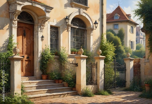 Detailed  Colorful Digital Art of a European-Style House with Ornate Architectural Elements