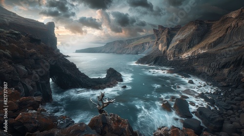 Dramatic coastal landscape with rugged cliffs and misty ocean waves at sunset, capturing the untamed beauty of nature. Generative Ai © lemoncraft