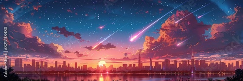 anime aesthetic background, city skyline, pink and blue sky with clouds, light purple sky. photo