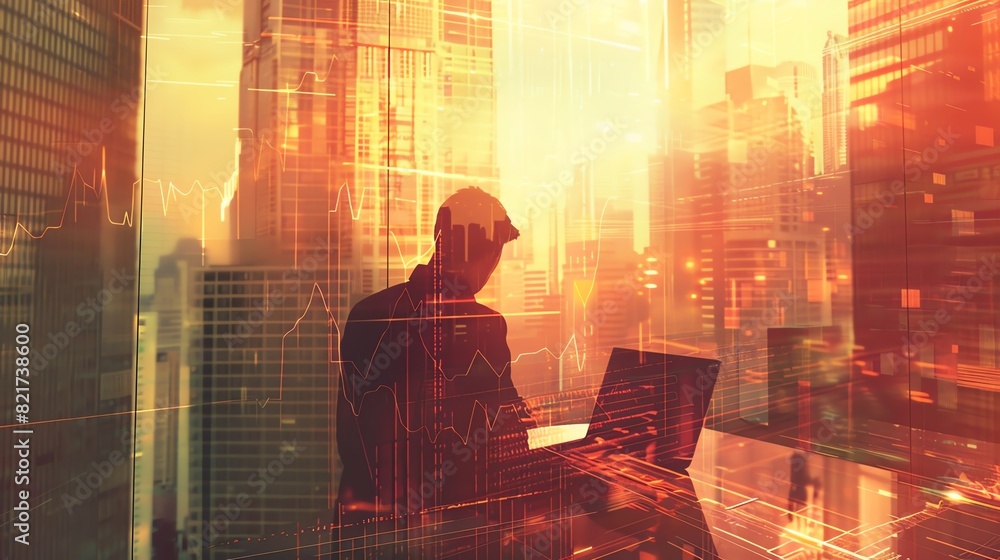 A busy office environment with a businessman analyzing financial charts on his laptop, the scene overlaid with a double exposure of tall buildings and a golden sunrise A busy office environment with a businessman analyzing financial charts on his laptop, the scene overlaid with a double exposure of tall buildings and a golden sunrise