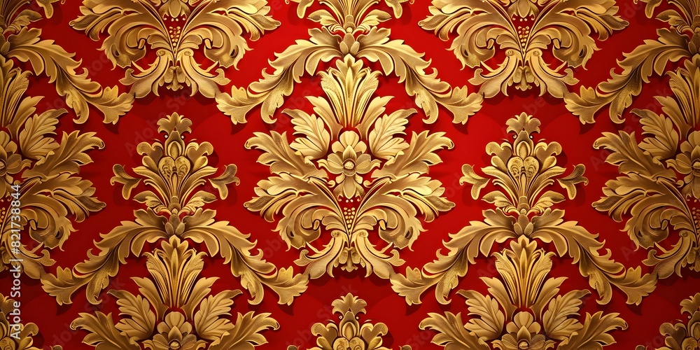 Regal Gold and Red Damask Seamless Luxury Pattern with Ornate Floral Baroque Design