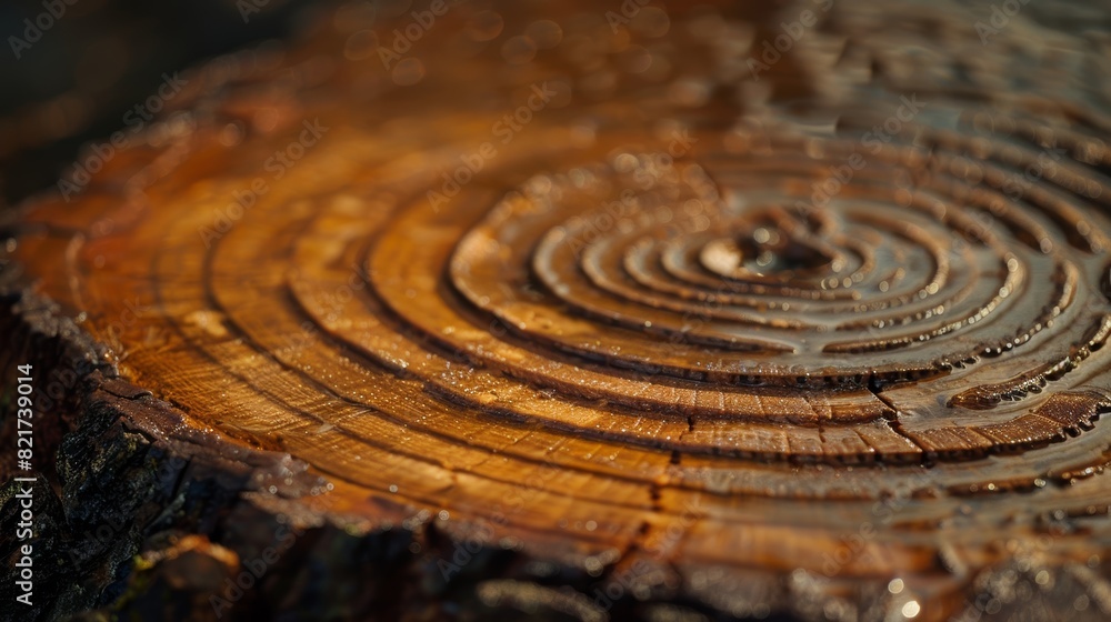 Detailed close-up of tree rings showcasing natural patterns and textures of wood with a warm, golden glow in the sunlight. Generative Ai Detailed close-up of tree rings showcasing natural patterns and textures of wood with a warm, golden glow in the sunlight. Generative Ai