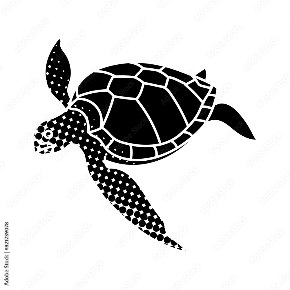 Fototapeta premium Sea turtle black hand drawn icon in halftone texture style