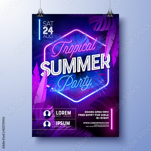 Summer Party Flyer Design Template with Glowing Neon Light on Fluorescent Tropic Leaves Background. Vector Summer Celebration Holiday Illustration for Banner, Flyer, Invitation or Celebration Poster.