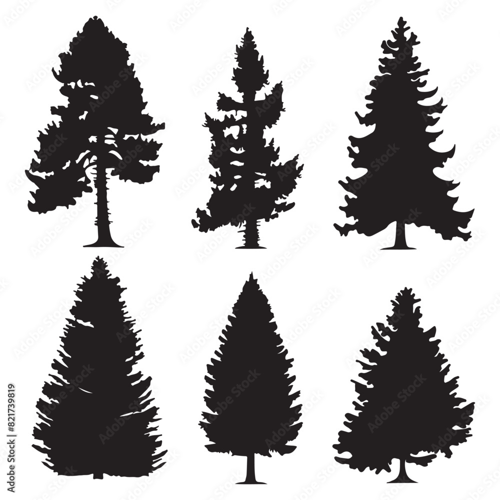Collection of flat pine tree logo designs, black vector illustrations on white background
