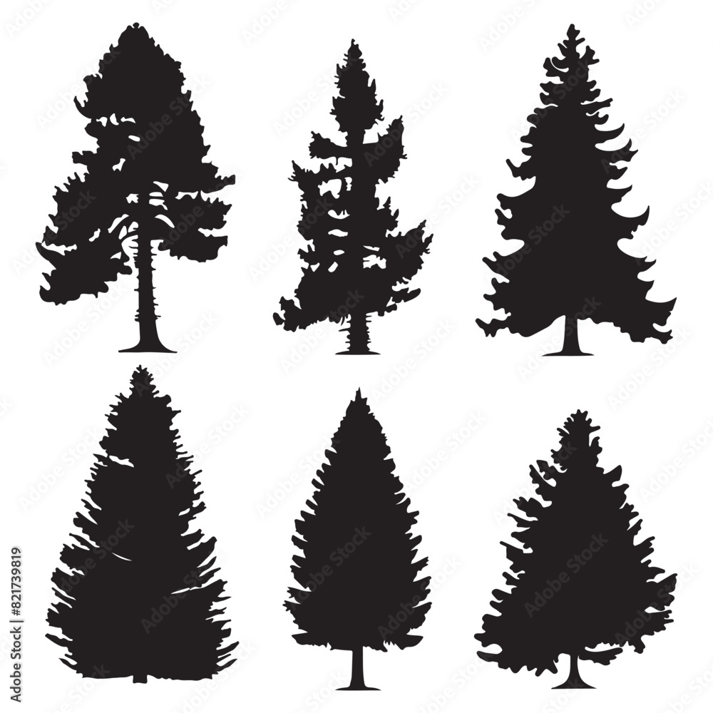 Collection of flat pine tree logo designs, black vector illustrations on white background Collection of flat pine tree logo designs, black vector illustrations on white background