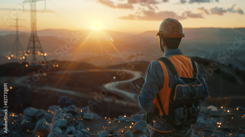 A man in an orange vest and a construction helmet stands on a rocky hillside and looks into the distance at the road and the power line.