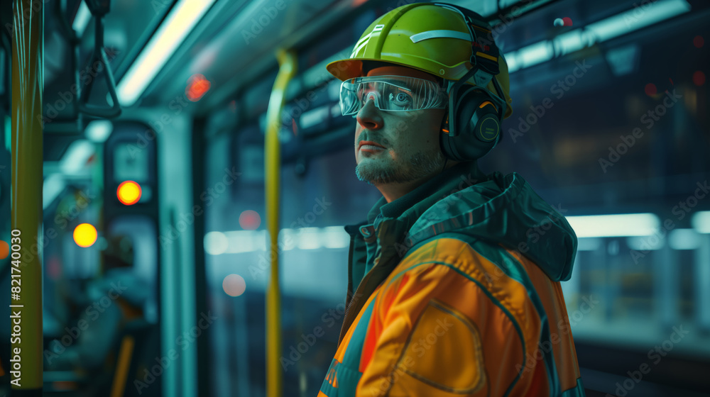 A green transport worker. A man in a yellow helmet and an orange vest stands on the subway platform. He's wearing safety glasses A green transport worker. A man in a yellow helmet and an orange vest stands on the subway platform. He's wearing safety glasses