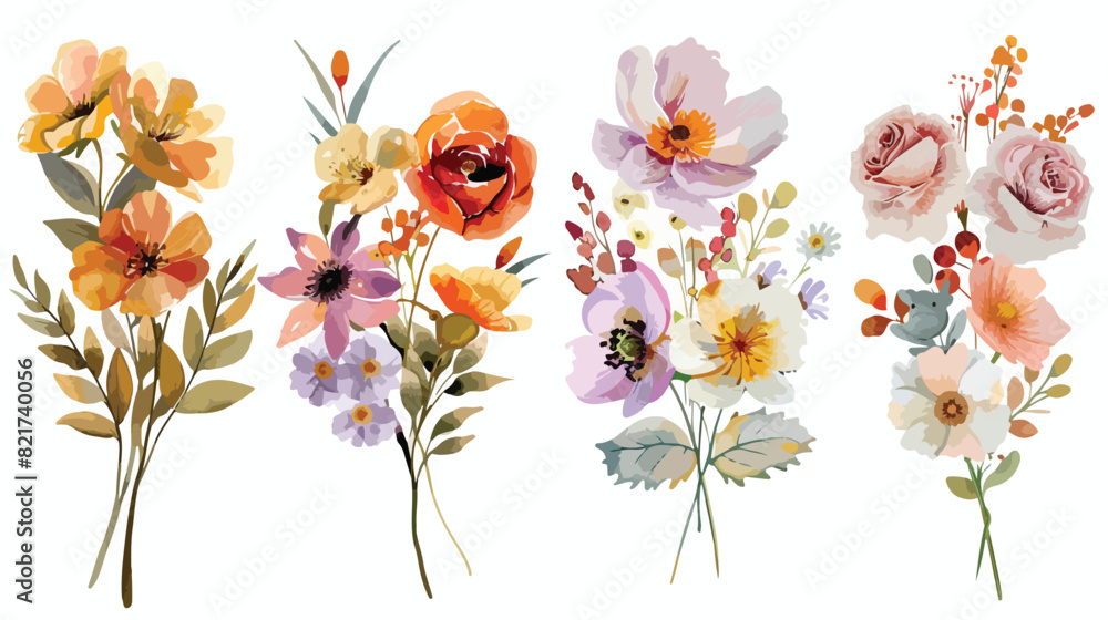 Four bouquets watercolor flowers floral illustration