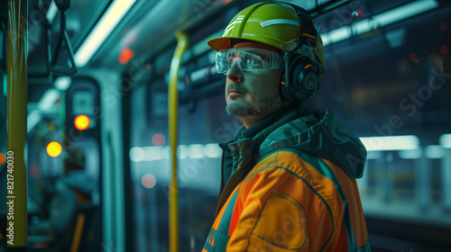 A green transport worker. A man in a yellow helmet and an orange vest stands on the subway platform. He's wearing safety glasses