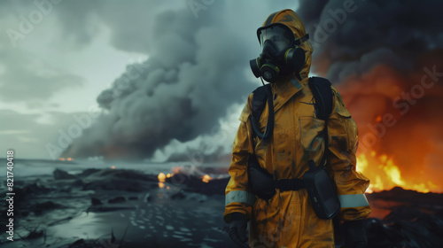 The apocalypse is today. A man in a yellow protective suit and a gas mask walks against the background of a burning destroyed city. 