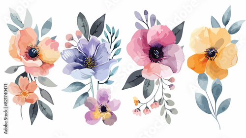 Four watercolor flowers bouquets floral illustration