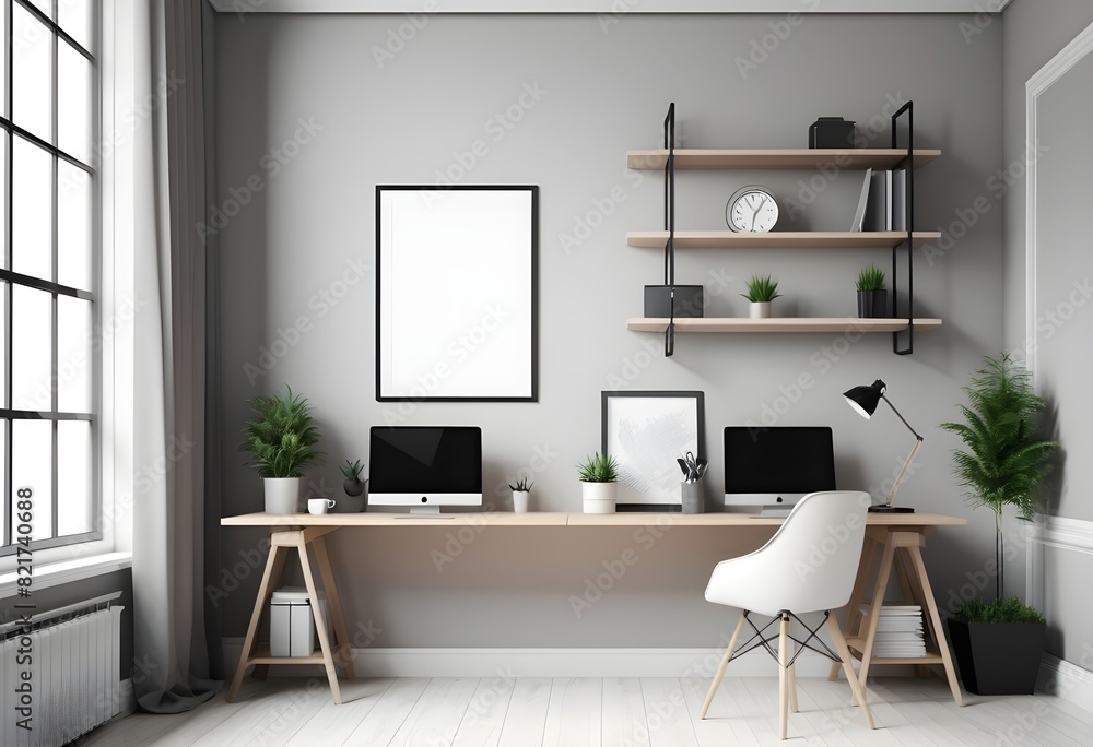 A Stylish office interior with workplace, PC, and window bookshelf. Mock up in wall.3D rendering A Stylish office interior with workplace, PC, and window bookshelf. Mock up in wall.3D rendering
