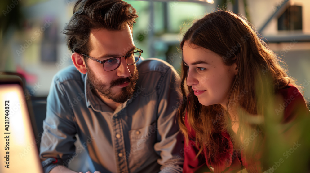 A man and a woman look at a computer screen together and discuss their project. The man is wearing glasses A man and a woman look at a computer screen together and discuss their project. The man is wearing glasses